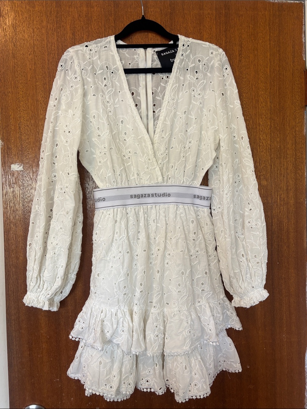 Trendy boutique White Eyelet Wrap Tiered Mini Dress